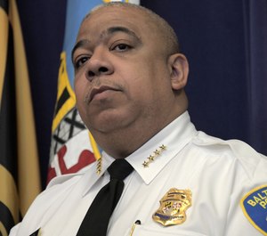Baltimore Police commissioner Michael Harrison holds a press conference announcing 118 arrests after 10 people were shot and killed in a 24-hour span.