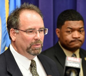 Ross McNutt, president of Persistent Surveillance Systems, answers questions at a news conference on the Baltimore Police Department's use of private funding to work with his company to provide aerial surveillance of Baltimore. (Photo/Jerry Jackson/Baltimore Sun/TNS)