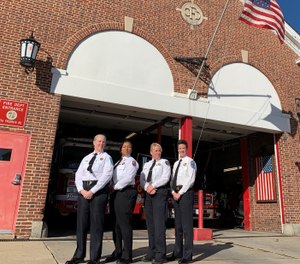 The four fire chiefs pose in front of the historic Catonsville, Maryland, Fire Station #4 (from left to right): Chiefs Rund, Green, Uhlhorn and Wolford. (Photos/Marc Bashoor)