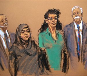 In this courtroom sketch, defendants Noelle Velentzas, center left and Asia Siddiqui, center right, appear in federal court with their attorneys, Thursday, April 2, 2015, in New York.