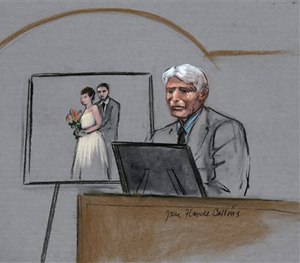 In this courtroom sketch, William Campbell, Jr., father of Boston Marathon bombing victim Krystle Campbell, is depicted on the witness stand.