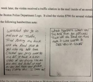 A Boston police officer pleaded not guilty to charges of allegedly sending a threatening note and fake speeding ticket to a driver. (Photo/Suffolk County District Attorney's Office)