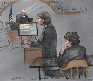 In this courtroom sketch, defense attorney Judy Clarke is depicted addressing the jury as defendant Dzhokhar Tsarnaev, right, sits during closing arguments.