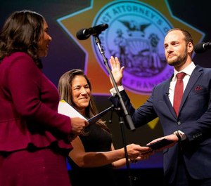 From left: Mayor London Breed with Valerie Block as Chesa Boudin is inaugurated as San Francisco's new district attorney, Wednesday, Jan. 8, 2020.