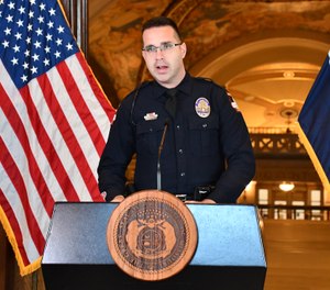 Jefferson City Police Department officer Jeremy Bowman, who is president of the Jefferson City chapter of the Fraternal Order of Police, speaks during Missouri Gov. Mike Parson's COVID-19 press briefing Tuesday, April 7, 2020. (Photo/Missouri Governor's Office)