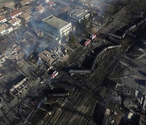 In this aerial view emergency services attend the scene of devastation after a tanker train derailed and a gas tank exploded in the village of Hitrino, northeastern Bulgaria, early Saturday, Dec. 10, 2016.