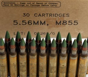 Green tip, M855 5.56mm ammunition is photographed Monday, March 2, 2015, in Fort Washington, Md.