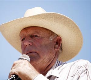In this April 24, 2014, file photo, rancher Cliven Bundy speaks at a news conference near Bunkerville, Nev.
