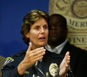 San Diego Police Chief Shelley Zimmerman talks about the results of the first year of body cameras being worn by approximately 800 police officers Wednesday, Sept. 9, 2015, in San Diego.