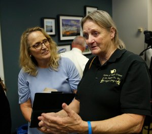 Joyce Tuhan, right, president of Victims of Violent Crimes of San Joaquin County, whose daughter was killed by a drunk driver in 1999, discusses a restorative justice program that she participates in, during a news conference in Sacramento, Calif., Monday, July 8, 2019.