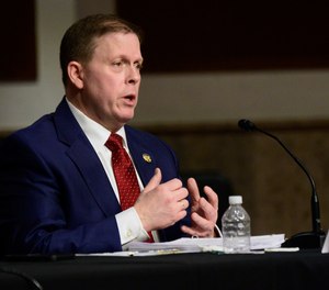 Former U.S. Capitol Police Chief Steven Sund testifies before a Senate Homeland Security and Governmental Affairs & Senate Rules and Administration joint hearing on Capitol Hill, Washington, Tuesday, Feb. 23, 2021, to examine the January 6th attack on the Capitol. (Erin Scott/The New York Times via AP, Pool)
