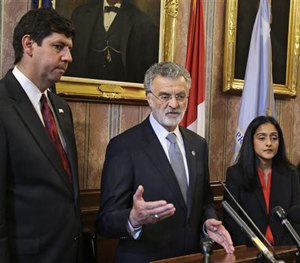 In this Tuesday, May 26, 2015 photo, Cleveland Mayor Frank Jackson speaks at a news conference announcing the settlement agreement with the City of Cleveland.