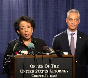 Attorney General Loretta Lynch speaks during a news conference accompanied by Principal Deputy Assistant Attorney General Vanita Gupta, left, and Chicago Mayor Rahm Emanuel Friday, Jan. 13, 2017, in Chicago. (AP Photo/Teresa Crawford)