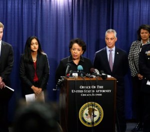 U.S. Attorney Zachary T. Fardon of the Northern District of Illinois; Principal Deputy Assistant Attorney General Vanita Gupta, head of the Justice Department's Civil Rights Division; Attorney General Loretta E. Lynch; Chicago Mayor Rahm Emanuel; and Superintendent Eddie T. Johnson of the Chicago Police Department hold a press conference on Jan. 13.