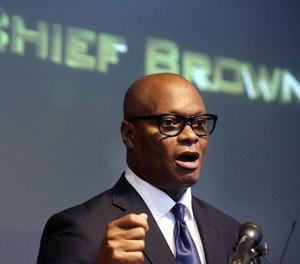 Dallas Police Chief David Brown discusses his retirement during a news conference, Thursday, Sept. 8, 2016, in Dallas. Brown will retire on Oct. 22, 2016.