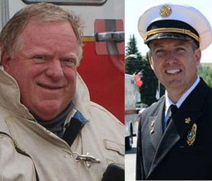 Chiefs Bruce Varner (left) and Thomas Kuntz (right) give advice on what it takes to become Fire Chief of the Year.