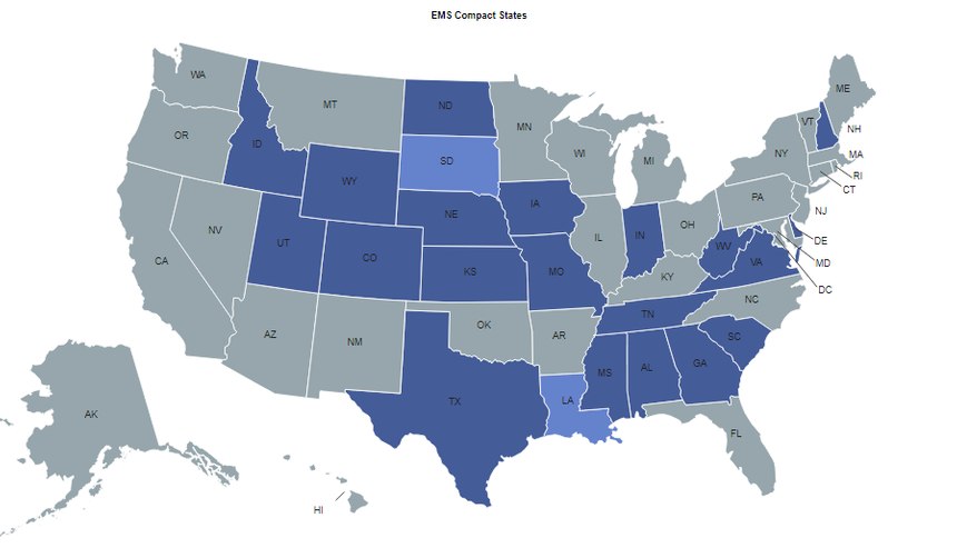 This map, provided by the Interstate Commission for EMS Personnel Practice, shows the EMS Compact member states highlighted in blue. South Dakota and Louisiana, highlighted in light blue, have both passed EMS Compact legislation that will go into effect on July 1, 2021. 