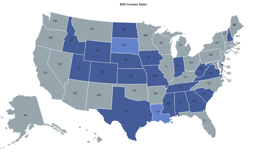 This map, provided by the Interstate Commission for EMS Personnel Practice, shows the EMS Compact member states highlighted in blue. South Dakota and Louisiana, highlighted in light blue, have both passed EMS Compact legislation that will go into effect on July 1, 2021.