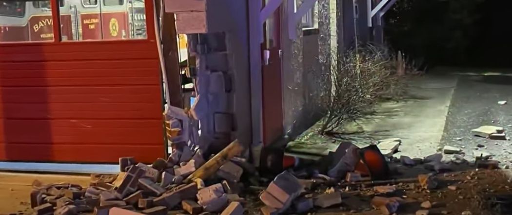 Video: Pickup truck slams into NJ firehouse after fiery crash