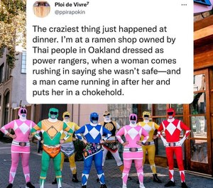 A restaurant crew, dressed as Power Rangers, helped fend off an attacker who was allegedly choking a woman.