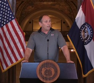 IAFF 2nd District Vice President Mark Woolbright speaks at a press briefing where Missouri Gov. Mike Parson announced an emergency rule allowing first responders to receive workers' compensation for time off related to COVID-19. (Photo/Mike Parson Facebook)