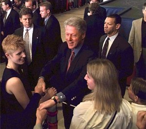 President Clinton greets members of the military community at Elmendorf Air Force Base in Alaska, Wednesday, June 24, 1998, enroute to Xian, China.