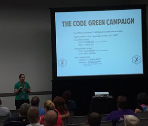 Ann Farina, Code Green Campaign president, presents statistics of emergency responder suicide.