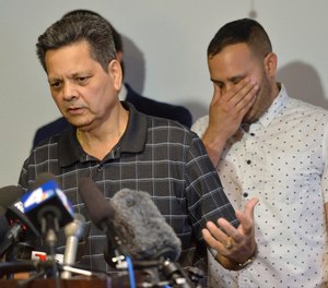 Kevin French react as his father, Russell French, describe the family's ordeal during a news conference in Corona, Calif., Monday, Aug. 26, 2019. (Jeff Gritchen/The Orange County Register via AP)