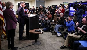 A county executive in Washington state addresses the media after a death from COVID-19, which results from the coronavirus. Jason Redmond/AFP via Getty Images
