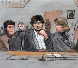 In this March 5, 2015 file courtroom sketch, Dzhokhar Tsarnaev is depicted during his federal death penalty trial in Boston.