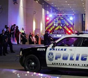 A Dallas ambulance and police car are stationed outside the ER.