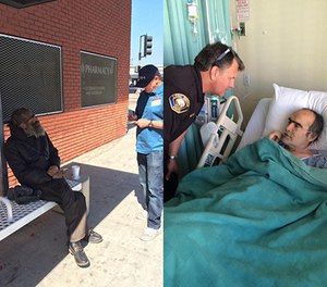 Pictured is David Milligan's first interaction with the Long Beach PD (left) and his treatment at a hospital (right).