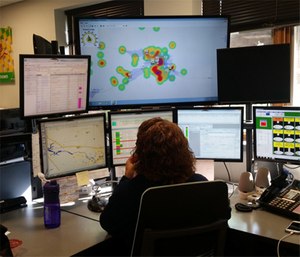 Dispatcher at LifeEMS in Grand Rapids, Michigan, consults a demand surface from ZOLL Dispatch Pro to determine the best posting location for an available ambulance. (Photo/D. Loberger) 