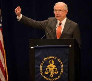 Attorney General Jeff Sessions addresses the summer meeting of the nation's district attorneys from around the country at the Hilton in Minneapolis, Minn., Monday, July, 17 2017.
