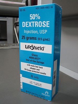 Dextrose 50% preparation, pre-filled AbboJect package for IV administration.