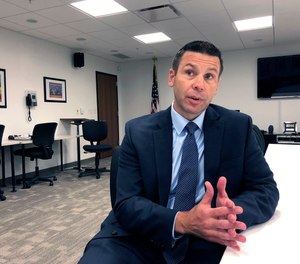 Kevin K. McAleenan, U.S. acting secretary of Homeland Security, speaks Tuesday, Aug. 13, 2019, at a federal building in Jackson, Miss. McAleenan said “violent white supremacist ideology” is fueling some domestic terrorism.
