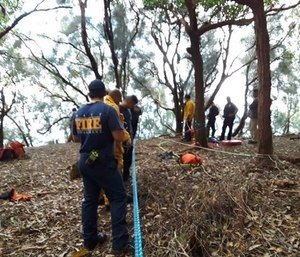 A canine hero led rescuers to an injured woman who had fallen 150 feet off a trail and was unable to shout for help. (Photo/MFD)