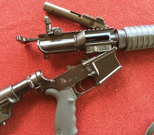 The DoubleStar 9mm upper was simple to install and was as easy as removing the 5.56mm upper and replacing it with the new 9mm upper. Note the bolt carrier group with the angled gas key. The upper is designed as a blow-back operating system which gives it recoil comparable to a similarly set up 5.56mm.
