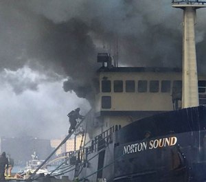 Crews struggled to extinguish the fire, which started during the morning of Sept. 17, 2017, on a 120-foot commercial fishing and research boat called the Norton Sound.