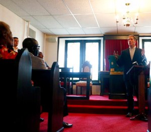 Missouri Gov. Eric Greitens speaks to civic leaders and clergy at Washington Metropolitan AME Zion Church ahead of a verdict in the trial of former St. Louis police officer Jason Stockley, Monday, Sept. 11, 2017, in St. Louis.