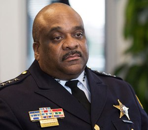In this Wednesday, Sept. 21, 2016 photo, Chicago Police Superintendent Eddie Johnson takes part in an interview with The Associated Press in Chicago. (AP Photo/Teresa Crawford)