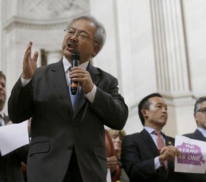 San Francisco Mayor Ed Lee speaks during a meeting at City Hall in San Francisco by city leaders and community activists to reaffirm the city's commitment to being a sanctuary city in response to Donald Trump's support of deportations and other measures against immigrants Monday, Nov. 14, 2016.
