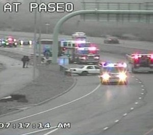 A firefighter was seriously injured after being struck while responding to a crash scene in El Paso on Wednesday. Police are looking for the driver they say fled the scene.