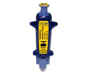 Symjepi syringe, prefilled with the hormone epinephrine, which helps stop life-threatening allergic reactions from insect stings and bites or eating foods such as nuts and eggs. (Audacity Health/Courtesy of Adamis Pharmaceuticals Corp. via AP)