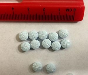 This undated photo provided by the Tennessee Bureau of Investigation shows fake Oxycodone pills that are actually fentanyl.