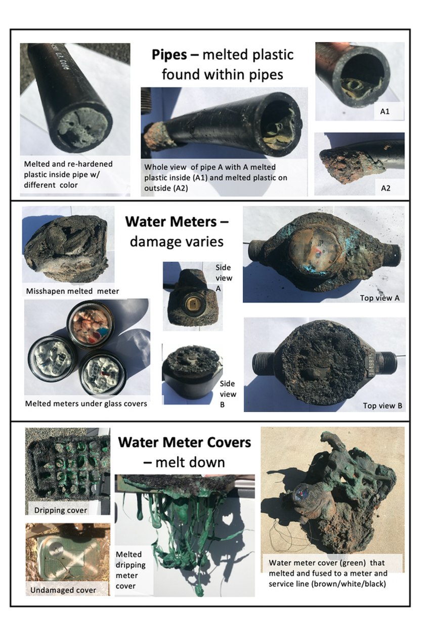 Pipes, water meters and meter covers after wildfires destroyed them.