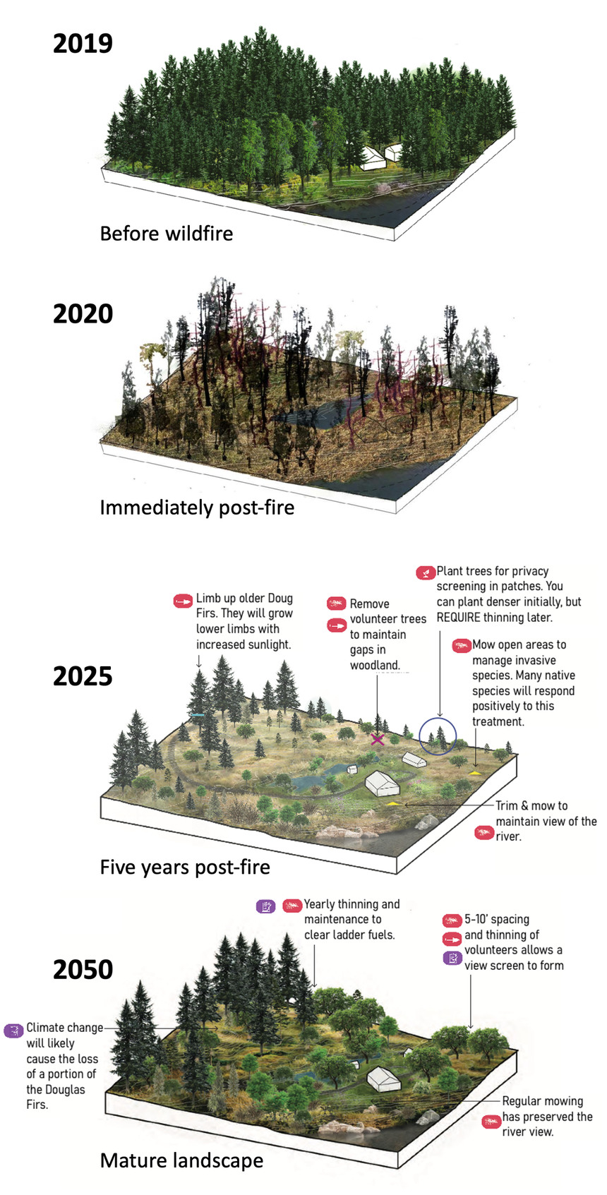 University of Oregon landscape architecture students worked with landowners whose homes were destroyed in the 2020 Holiday Farm Fire to help them develop greater resilience to future wildfires.