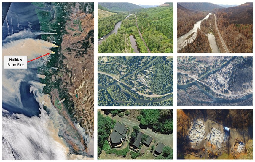 Images during, before and after Oregon’s Holiday Farm Fire, which burned 170,000 acres and destroyed 768 homes and other structures in 2020, show the landscape challenges left behind.