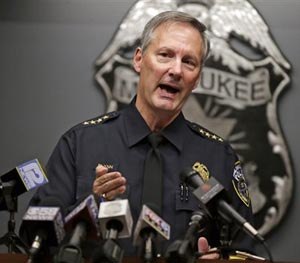 Chief Edward Flynn announces at the Muncipal Court Building, in Milwaukee Wednesday, Oct.15, 2014, the firing officer Christopher Manney who fatally shot Dontre Hamilton at Red Arrow Park. Flynn said Manney ignored his training and police policy.