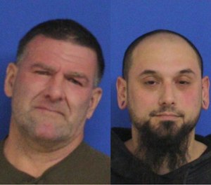 Glen Degray (left) and Michael Ciarleglio are accused of attacking firefighters and police officers with ice chunks and snowballs at an illegal bonfire on Monday.